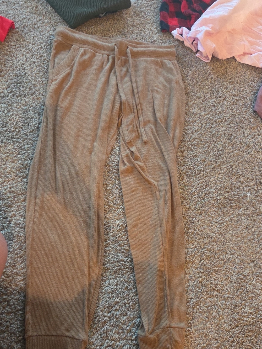 Women's Ribbed Drawstring Joggers - Camel Brown